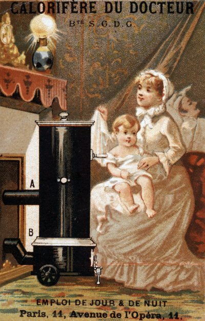 Bir iç mekanda kadın ve çocuk ısıtması, “” doktorun kaloriferi” reklamı, v. 1895 by Unknown artist
