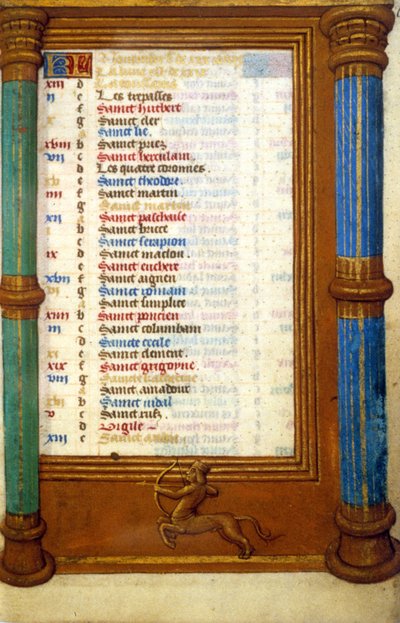 Burç Yay ve Kasım ayının azizleri - minyatür Orta Çağ (ref.: 135, 006r): Toulouse Belediye Kütüphanesinden izin talebi (tel: 05 62 27 66 66) by Unknown artist