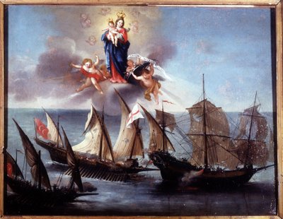 Bir kadırga ve bir barbar yarım kadırga tarafından saldırıya uğrayan bir Cenova teknesi. Ex-voto 1796. Cenova-Pegli Deniz Müzesi. by Unknown artist