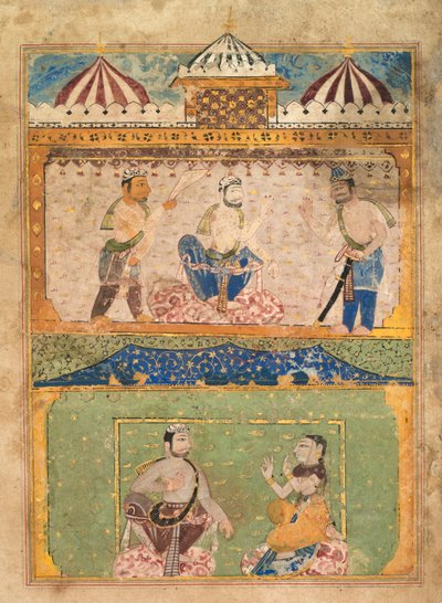 Bir Gezgin Lorik'i Eve Dönmeye İkna Etti (üstte); Chanda Nesneleri (altta), bir Chandayana'dan (Chanda'nın Öyküsü) by Unknown artist