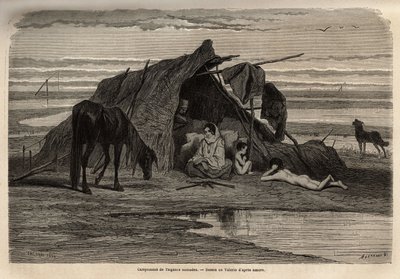 Kuzey Bosna'nın ovalarında bir göçebe çingene kampı. Güney Slavlar arasındaki seyahatin anılarını göstermek için gravür, Georges Perrot tarafından 1868'de, "Le tour du monde" 1870-1871'de yayınlandı, editör Edouard Charton tarafından, by Unknown artist