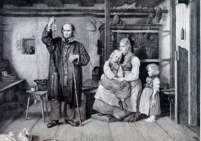 Bir doktor, yoksulluk içinde yaşayan bir anne ve iki çocuğunu ziyareti sırasında bir şişeyi, muhtemelen bir idrar şişesini inceliyor (gravür) by Unknown artist