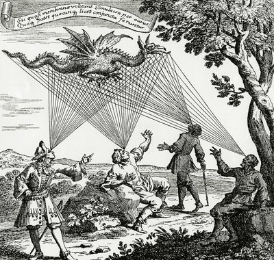 Zahn'ın “Oculus yapayis teledioptricus” tablosunun bakır gravürüne dayanan farklı görsel açılardan görülen bir ejderha. by Unknown artist