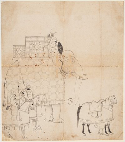 Caparisoned Fil ve Atların bir çizimi by Unknown artist