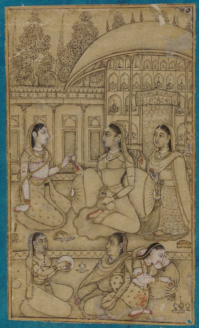 Bir avluda oturan bir bayan ve görevlileri by Unknown artist