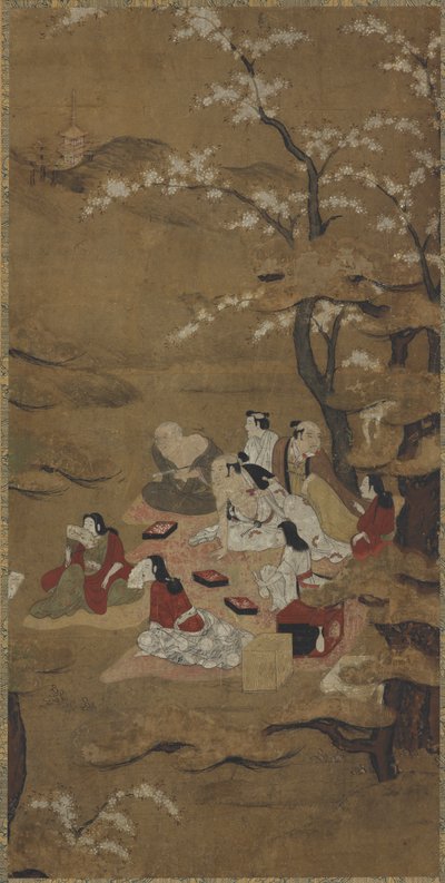Piknik partisi: çiçek açan ağaçların altında oturan sekiz kişi by Unknown artist