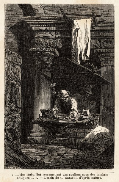 Dükkanını kuran ve antik kalıntılarda çalışan bir kunduracı. Gravür dökün illustrrer le voyage à Roma, Francis Wey tarafından, 1864-1868