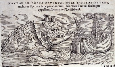 Bir ada ile karıştırılan bir balina. İki kişi bir deniz canavarının sırtına ateş yakar. Gravür n Historia Animalium Conrad Gesner (1516-1565), Tiguri by Unknown artist