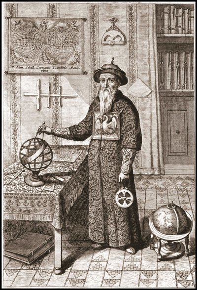 Adam Schall, gökbilimci (1592-1666), karasal ve göksel küreler ve usturlab ile mandalina kostümü içinde - Athanase Kircher (veya Athanasius Kircheri) tarafından “Çin”de by Unknown artist