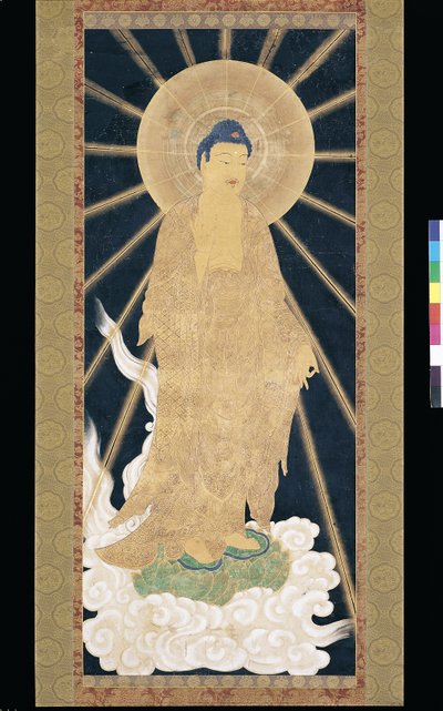 Amitabha (Amida) Gökten İnen Üçlü (konshi (mavi pirinç kağıdı) üzerindeki pigment) by Unknown artist