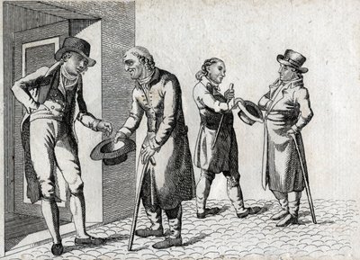 Amon. Madeni paraları yerleştirmek için şapkalarla uğraşan dilenciler. 18. yüzyılın son gravürü. Özel koleksiyon. by Unknown artist