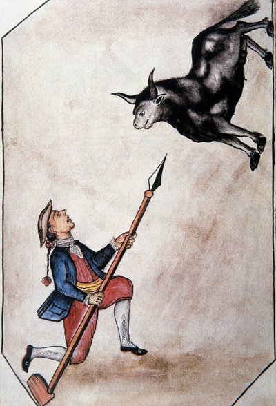Baltazar Martinez Compañón y Bujanda, Trujillo piskoposu (1782-1785) tarafından yazılan "Trujillo del Peru" veya "Códice Martínez Compañón" kitabından mızrağıyla boğayı gösteren bir Kızılderili by Unknown artist