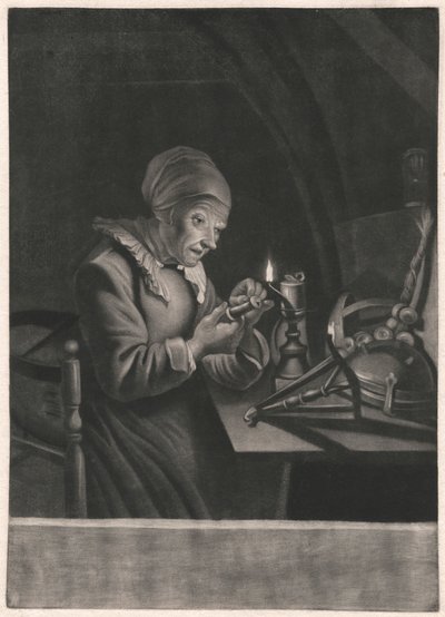 Yaşlı Bir Kadın Dönen Çarkını Tamir Ediyor by Unknown artist