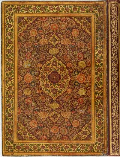 Boyalı deri kapaklarla ciltlenmiş, tablolar ve hatlar içeren bir albüm by Unknown artist