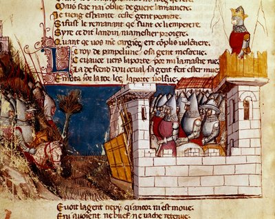 Bir ordu (Pamplona kralından mı?) bir kaleye sığınır ve “İspanya Girişi”nden Minyatür levis köprüsüne tırmanır. 14. yüzyıl Venedik, Biblioteca Marciana. by Unknown artist
