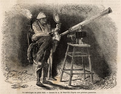Bir astrolog, teleskopunu kullanarak açık havada gökyüzünü arar. İsviçre Konfederasyonu bakanı Aime Humbert tarafından 1863-1864