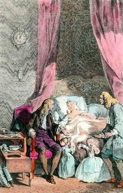 Gözlemci doktor Hasta olan veya çoktan ölmüş bir kadın, ailesi ve doktor tarafından kuşatılır. Çocuklar gözyaşları içinde. 1780 civarında gravür. Paris, Tıp Akademisi by Unknown artist