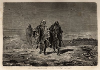 Arap Bedevileri, panter derisi ve koyun yünü tüccarları, Bağdat (Irak) yürüyüşüne giderken. Guillaume Lejean