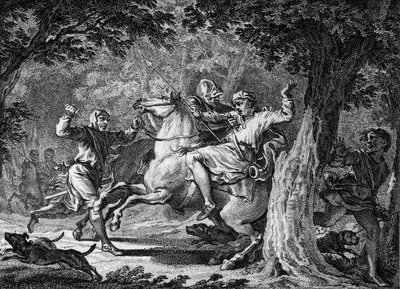 II. Childeric Suikastı, 675: Frankların kralı (653-675 dolaylarında), Lognes ormanında kırbaçladığı bir lord olan Bodillon tarafından öldürüldü. 18. yüzyılın gravürü. by Unknown artist