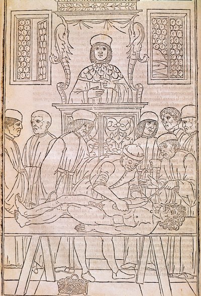 Otopsi. Kodes. Ölü bir adamın cesedi doktorlar tarafından anatomi çalışması için inceliyor. “” Fasciculus Medicinae””. Johannes Kethan tarafından bir doktorun fasikülünün kodeksi by Unknown artist