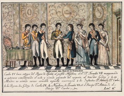 Bayonne'nin 1808'de İspanya Kralı IV. Charles'ın tahttan çekilmesini gören Aranjuez ayaklanmasının ardından, oğlu Ferdinand VII'den (Fernando VII) önce tahtı Napolyon I'e devrettiği röportajı by Unknown artist