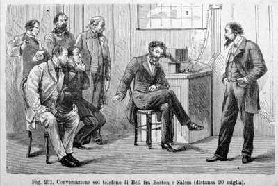 Boston ve Salem (20 mil mesafe) arasındaki Bell telefon görüşmesi. 19. yüzyılın gravürü. by Unknown artist