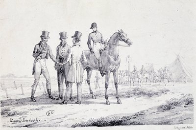 At sırtında bir jokey ile yarış alanının kenarında bahis yapın - litografi, deb. 19. yüzyıl by Unknown artist