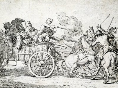 Arabadaki yolculara saldıran haydutlar. 18. yüzyıldan kalma bir anonim tarafından gravür. by Unknown artist