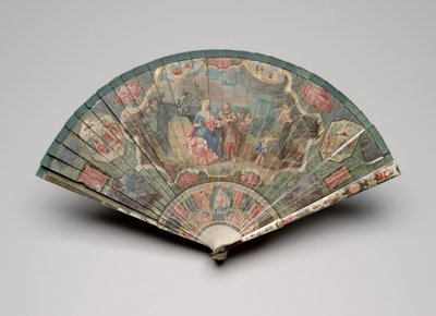 Falcı ve chinoiserie motifli Brisé yelpazesi, c.1700-25 (fildişi bıçaklar üzerinde guaj, ipek kurdele, bağa, macun taşları ve pirinç halka) by Unknown artist