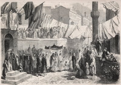 Fete Dieu (Fete-Dieu) vesilesiyle Konstantinopolis sokaklarında Katolik Alayı - “Şanlı Dünya”da Gravür by Unknown artist