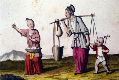 Çin. Büyük olan bir sepet pirinç taşıyan 2 çocukla birlikte su taşıyan bir kadın. 19. yüzyılın baskıları. by Unknown artist