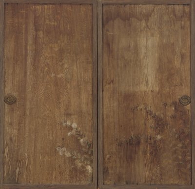 Bir çift ahşap kapıya boyanmış krizantemler by Unknown artist