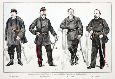 Harekete geçirilmiş barış güçlerinin komutanları (bölük müfettişleri), soldan sağa: Bay Foucault, Bay Giobergia, Bay Vassal, Bay Archer. Nezaretinde yayınlanan “Barış Muhafızları Kolordusu Tarihi” kitabının illüstrasyonu için renkli gravür by Unknown artist