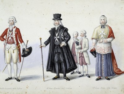 Kostümler: 1. Kadırgaların Albay Generali, 2. Tarikatın Büyük Üstadı, 3. Kilisenin Büyük Başrahibesi. SD. 19. yüzyıl. by Unknown artist