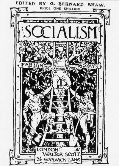 Fabian Society dergisinin kapağı, G. B. Shaw tarafından düzenlendi. Alegori, sermayeyi simgeleyen ve iki silahla işçileri denetleyen ölçeğin en üstündeki ayrıcalığı temsil eder. Oymak. by Unknown artist