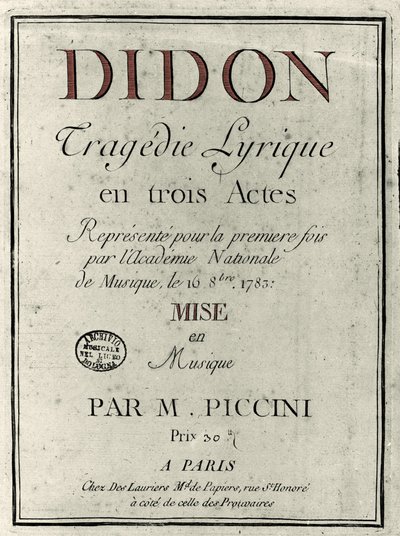 Besteci Niccolo Vito Piccinni (veya Piccini) (1728-1800) tarafından “Didon” operasının librettosunun kapağı. 1783 by Unknown artist