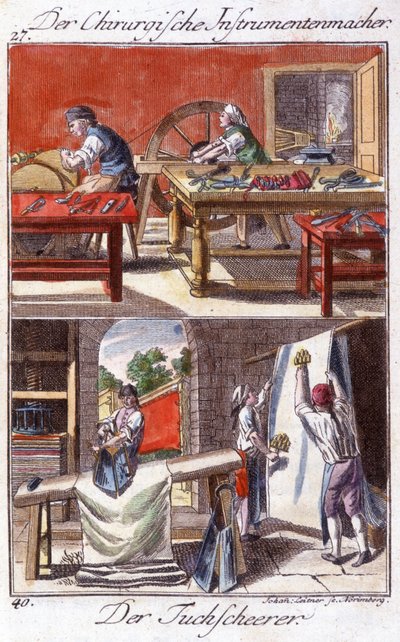 Crafts: kendi atölyelerinde cerrahi alet (üstte) ve kılıf düzeltici (altta) üreticisi. Johan Peter Vue tarafından "Gençler için sanat ve zanaat ve atölye çalışmalarının kapsamlı açıklaması"nda. Ed. Nürnberg, Weigel ve Schneider by Unknown artist