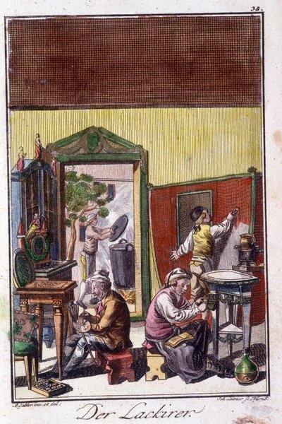 El sanatları: atölyesindeki vernikçi. Johan Peter Vue tarafından "Gençler için sanat ve zanaat ve atölye çalışmalarının kapsamlı açıklaması"nda. Ed. Nürnberg, Weigel ve Schneider by Unknown artist