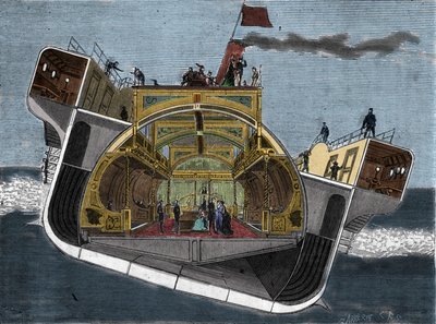 Henry Bessemer (1813-1898) tarafından deniz tutmasına karşı tasarlanmış bir teknenin kesiti. 19. yüzyıl gravür. by Unknown artist