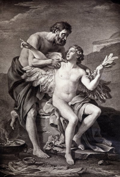 Daedalus ve İkarus. 19. yüzyıl gravürü. by Unknown artist