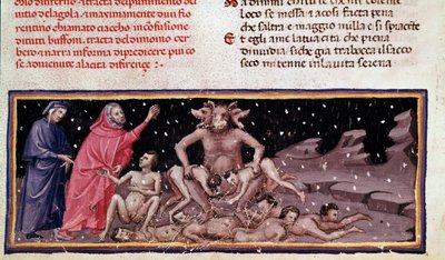 Dante ve Virgil, Ciacco ve Cerbere ile obur (İlahi Komedya'da Cehennem'den 9 şarkı) - minyatür ile tanışıyorlar by Unknown artist