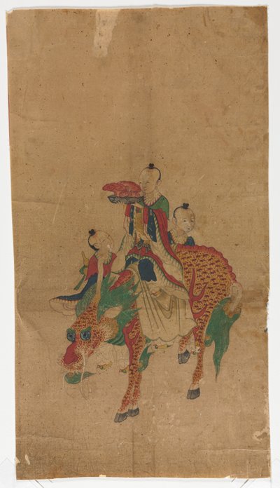 Bir Qilin ve İki Görevli üzerinde Daoist Ölümsüz by Unknown artist