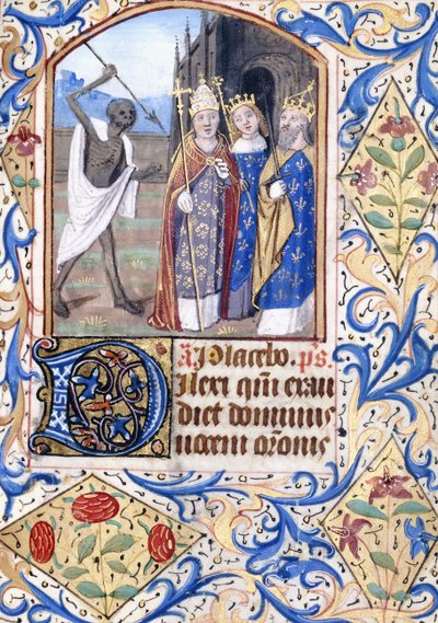 Mızrağıyla Üç Figürü Gösteren Ölüm, Bir Papa, Bir Kral, Bir Kral ve Bir Kraliçe, Gotik Bir Kilisenin Önünde Duran, 1470 dolayları by Unknown artist