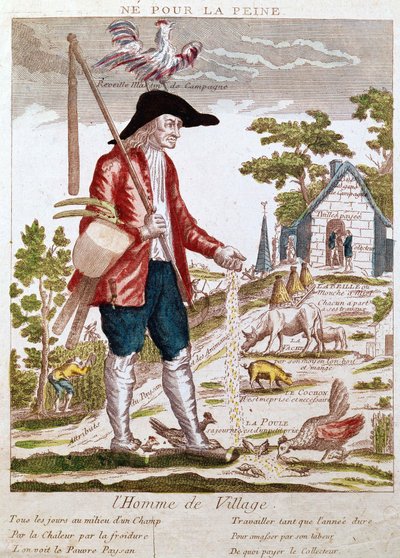 Sorun için yapmayın. Köy adamı. Her gün bir tarlanın ortasında, sıcağın ve soğuğun yanında, yoksul köylünün yıl boyunca çalıştığı ve toplayıcıya ödeme yapacak kadar emeğiyle topladığı görülüyor. Devir öncesi yaşam koşulları üzerine karikatür by Unknown artist