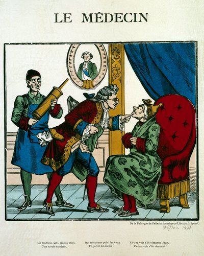 Bir hastayı muayene eden bir doktoru temsil eden Doktor Sahnesi, asistanı arkasında bir klozet tutar. 19. yüzyıl Paris gravürü, B.N. by Unknown artist