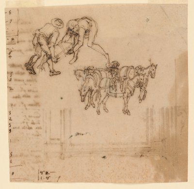 Çizim: A) Sandık taşıyan iki adam; şoförlü dört katır. B) Bir çerçeve için proje by Unknown artist
