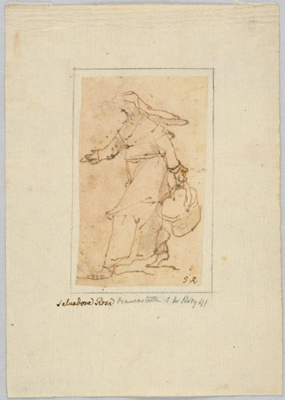 Çizim: Yürüyen ve sepet taşıyan bir kadının çizimi by Unknown artist