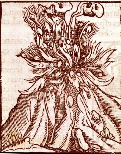 Bir volkanın patlaması. 16. yüzyıl gravürü. by Unknown artist