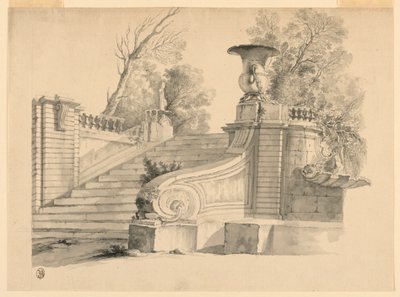Fantezi. Parkta bir merdiven, yıkıntılar içinde. by Unknown artist
