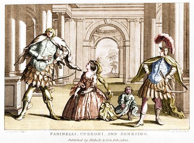 George Frederick Handel (Georg Friedrich Handel) tarafından operada soprano Cuzzoni ve hadım Francesco Bernardo Senesino (1680 - 1750) ile Farinelli (Carlo Broschi, dit; 1705 - 1782) by Unknown artist
